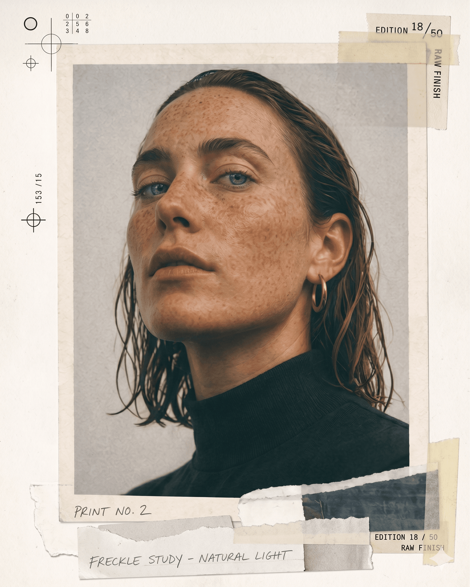 Freckle study portrait — editorial hero artwork for Milford Media