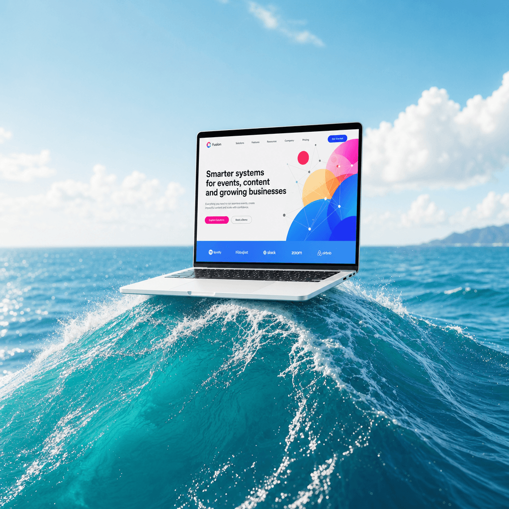 Laptop on an ocean wave showing a Milford Media concept